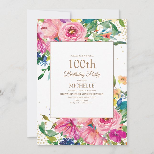 Invitation Fête des 100 ans Fleurs Rose Jaune Paillettes Doré (Devant)