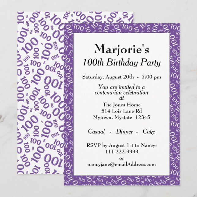 Invitation Fête des 100 ans Motif de nombres violet/blanc (Devant / Derrière)