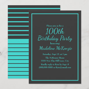 Invitation Fête des 100 ans rayée de turquoise noir