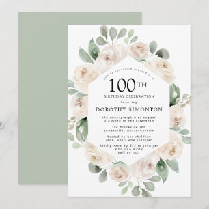 Invitation Fête des 100 ans Rose Blanche Florale Eucalyptus