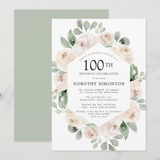 Invitation Fête des 100 ans Rose Blanche Florale Eucalyptus (Devant / Derrière)