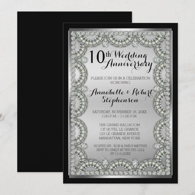 Invitation Fête des 10 ans de mariage Argent et Diamant (Devant / Derrière)