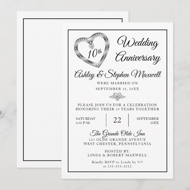 Invitation Fête des 10 ans de mariage Heart Diamonds (Devant / Derrière)
