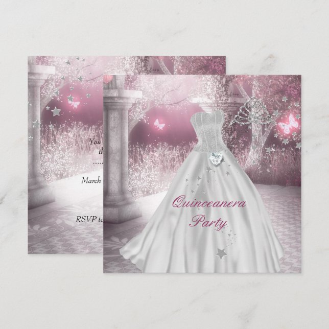 Invitation Fête des 15 ans de Quinceanera Rose (Devant / Derrière)