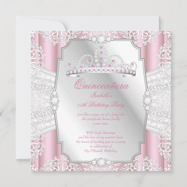 Invitation Fête des 15 ans Quinceanera Rose Clair Blanc (Devant)