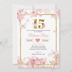 Invitation Fête des 15 ans Sakura Cerisier Rose Or Quinceañer