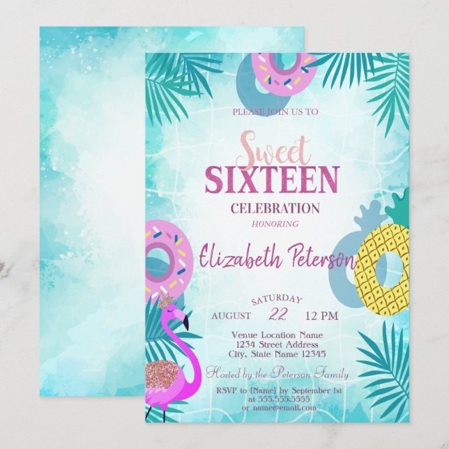 Invitation Fête des 16 ans au Flamingo Summer Pool (Devant / Derrière)