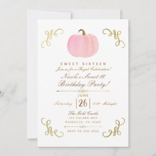 Invitation Fête des 16 ans automne rose pailleté citrouille