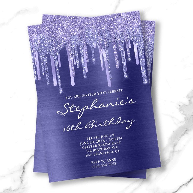 Invitation Fête des 16 ans avec foil Pervenche et Dégoulinade (Periwinkle Foil and Glitter Drip 16th Birthday Invitation)