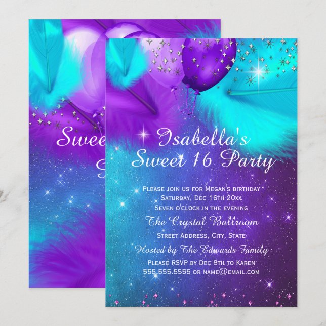 Invitation Fête des 16 ans Ballons sarcelle violet argent (Devant / Derrière)