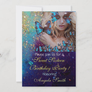 Invitation FÊTE DES 16 ANS BLUE BUTTERFLY MONOGRAMME Argent