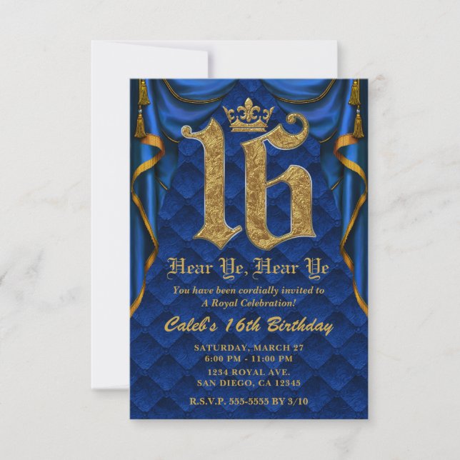 Invitation Fête des 16 ans Couronne Royale Bleu Or 16ème Anni (Devant)