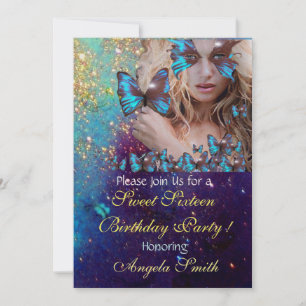 INVITATION FÊTE DES 16 ANS PAPILLON BLEU MONOGRAMME, OR