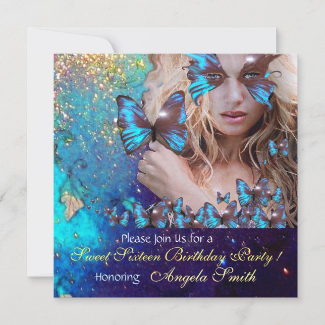 INVITATION FÊTE DES 16 ANS PAPILLON BLEU MONOGRAMME, OR (Devant)
