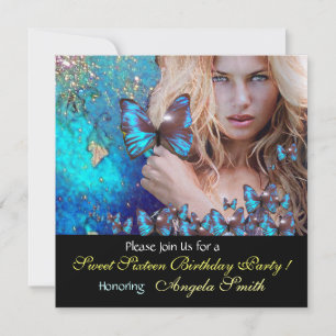 INVITATION FÊTE DES 16 ANS PAPILLON BLEU  MONOGRAMME, OR