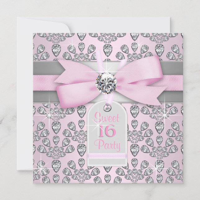 Invitation Fête des 16 ans Rose Diamant Rose et Gris (Devant)