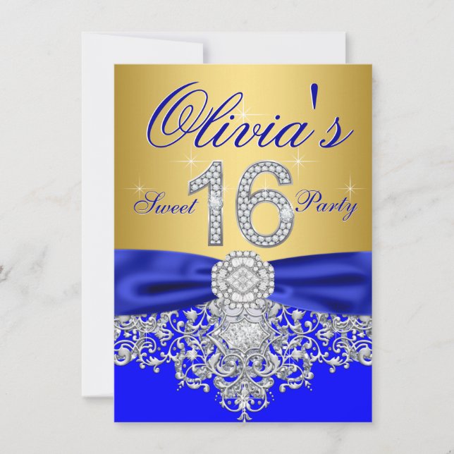 Invitation Fête des 16 ans royale en bleu et or (Devant)