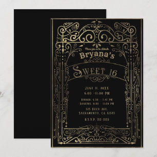 Invitation Fête des 16 ans vintage noir et or déco victorien