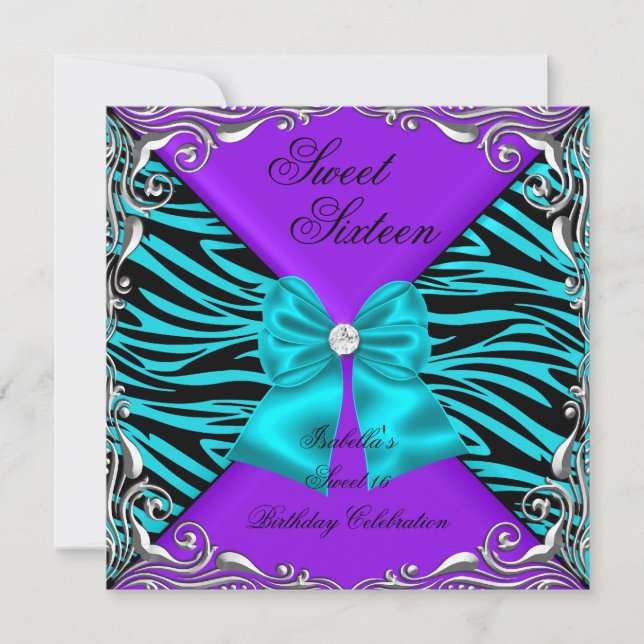 Invitation Fête des 16 ans Zèbre Violet Turquoise Diamant Arc (Devant)
