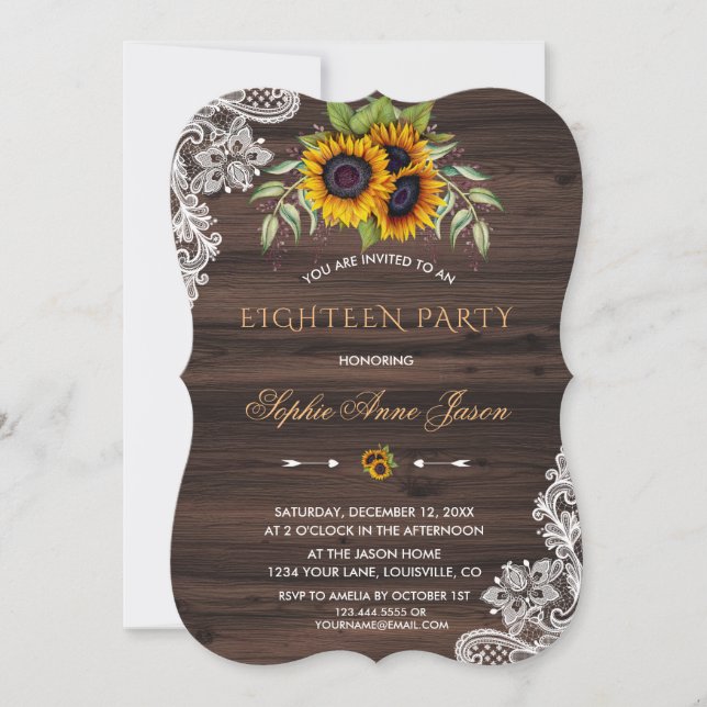 Invitation Fête des 18 ans avec tournesols rustiques en bois (Devant)