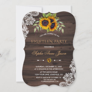Invitation Fête des 18 ans avec tournesols rustiques en bois