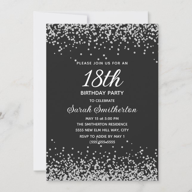 Invitation Fête des 18 ans Black Silver Diamond Glitter (Devant)