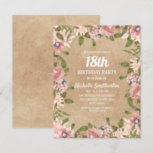 Invitation Fête des 18 ans Kraft Rustique Rose Floral Aquarel