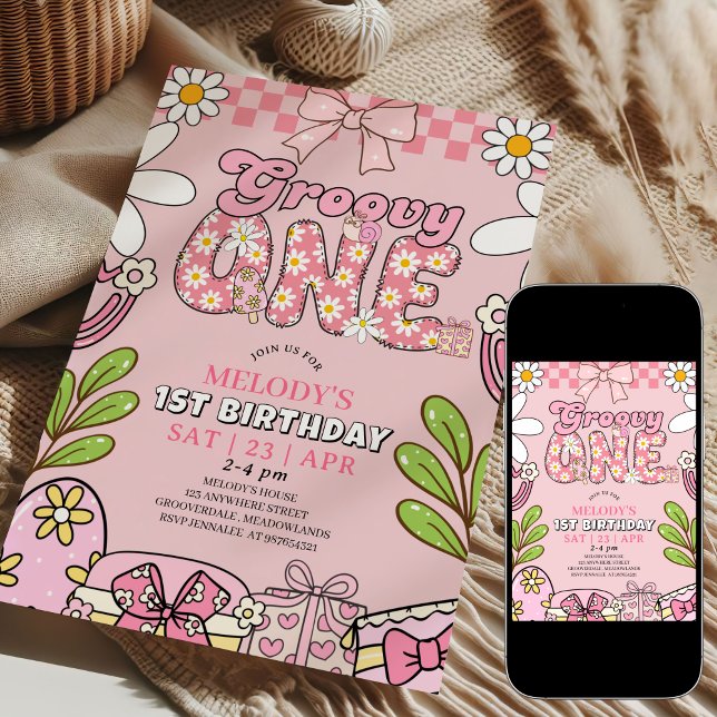 Invitation Fête des 1 an de Daisy Rose Rétro Anniversaire  (Créateur téléchargé)