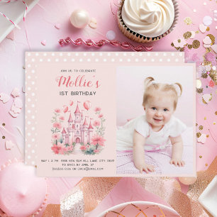 Invitation Fête des 1 an de Petites Filles Château Rose Photo