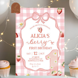 Invitation Fête des 1 an Red Strawberry Daisy Coquette Berry