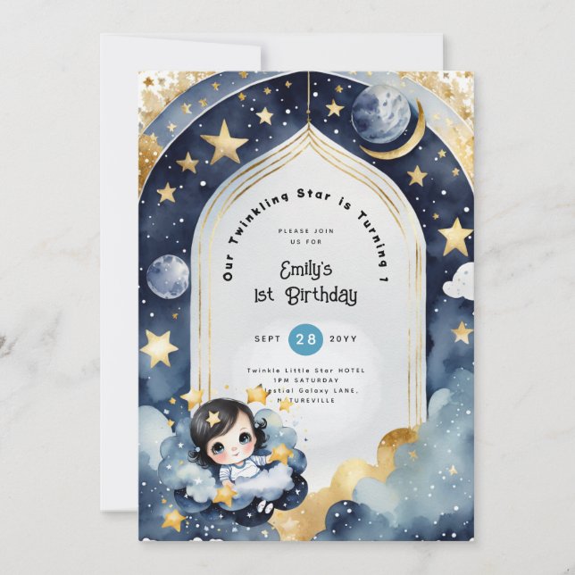 Invitation Fête des 1 an Twinkle Little Star, BABY SHOWER Fil (Devant)