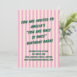 Invitation Fête des 21 ans avec rayures rétro rose et vert