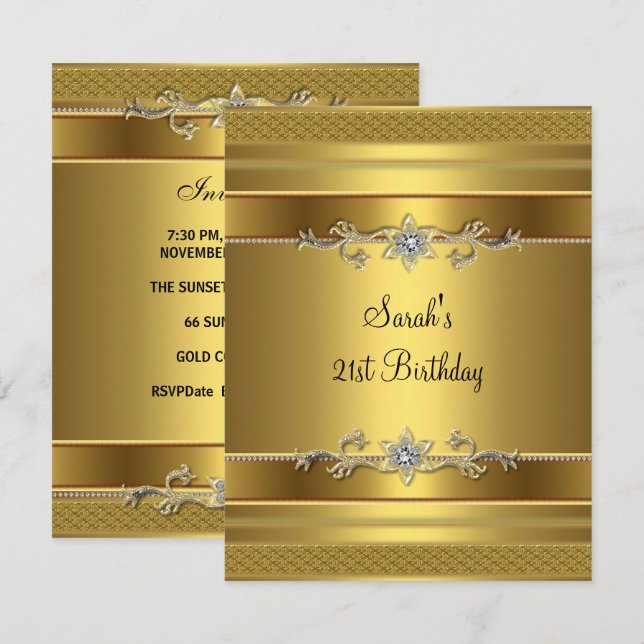 Invitation Fête des 21 ans Bijou Or Diamant (Devant / Derrière)