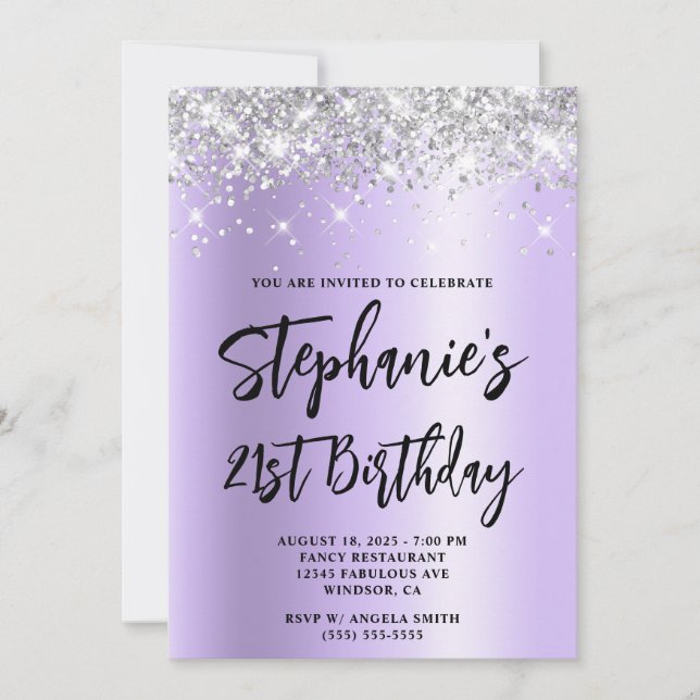 Invitation Fête des 21 ans Bold Silver Glitter Lavande Shimme (Devant)
