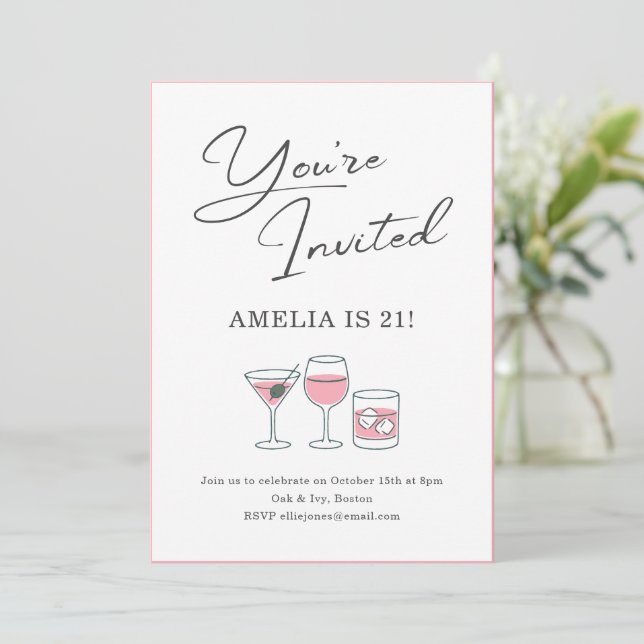 Invitation Fête des 21 ans Cocktail Soirée Filles Rose (Debout devant)