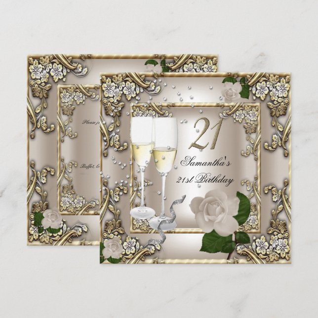 Invitation Fête des 21 ans Crème Or Rose Argent (Devant / Derrière)