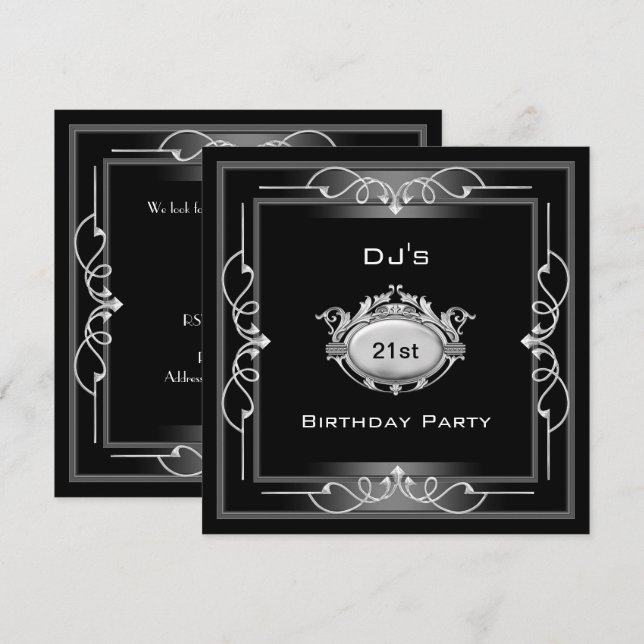 Invitation Fête des 21 ans  décoration Art déco noir argenté  (Devant / Derrière)