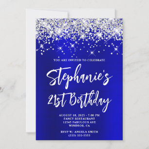 Invitation Fête des 21 ans en satin bleu pailleté argenté