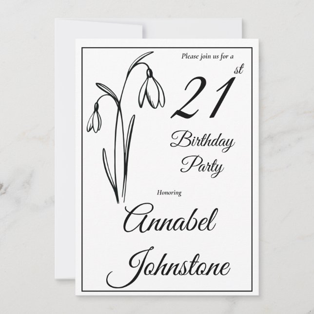 Invitation Fête des 21 ans Fleur de perce-neige Noir et Blanc (Devant)
