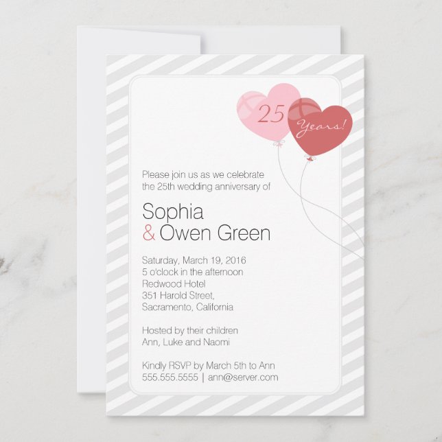 Invitation Fête des 25 ans de mariage avec des ballons (Devant)