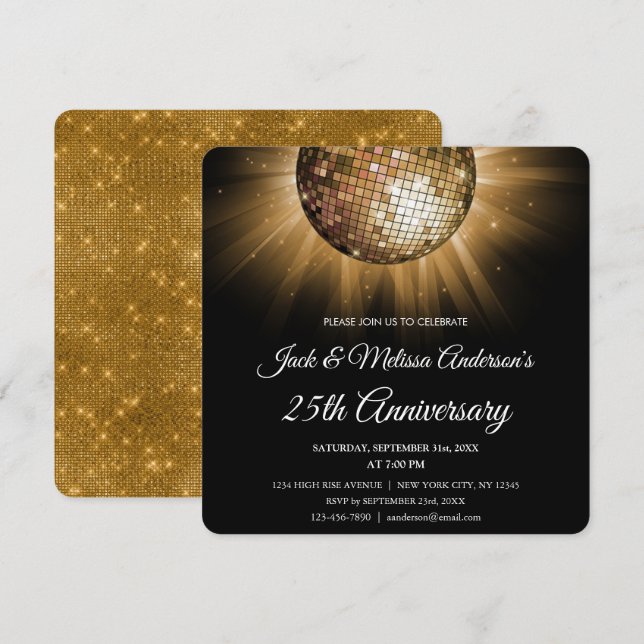 Invitation Fête des 25 ans de mariage Boule disco dorée (Devant / Derrière)