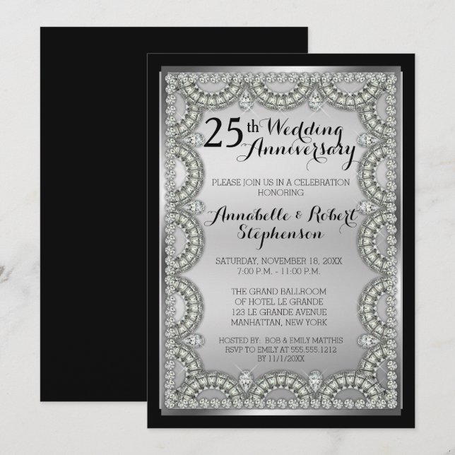Invitation Fête des 25 ans de mariage d'argent et de diamant (Devant / Derrière)