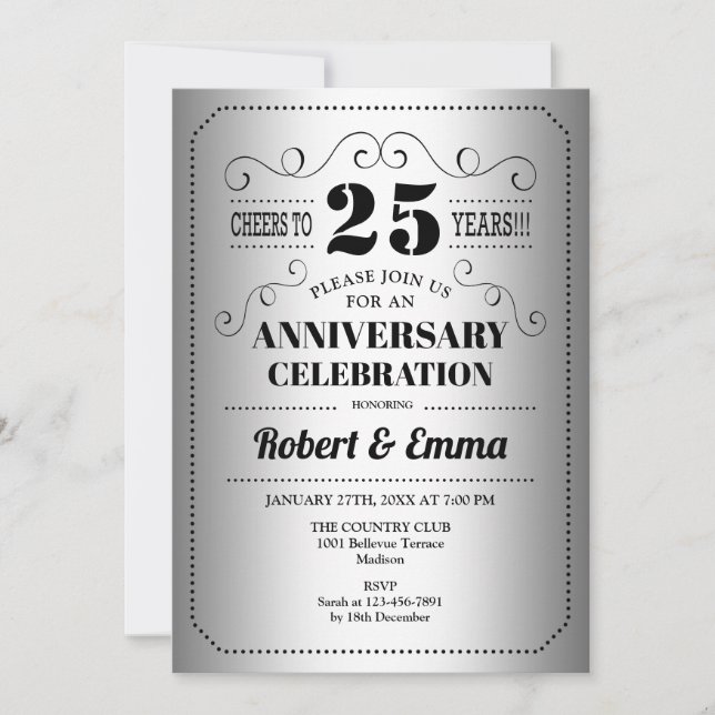 Invitation Fête des 25 ans de mariage - Noir Argent (Devant)