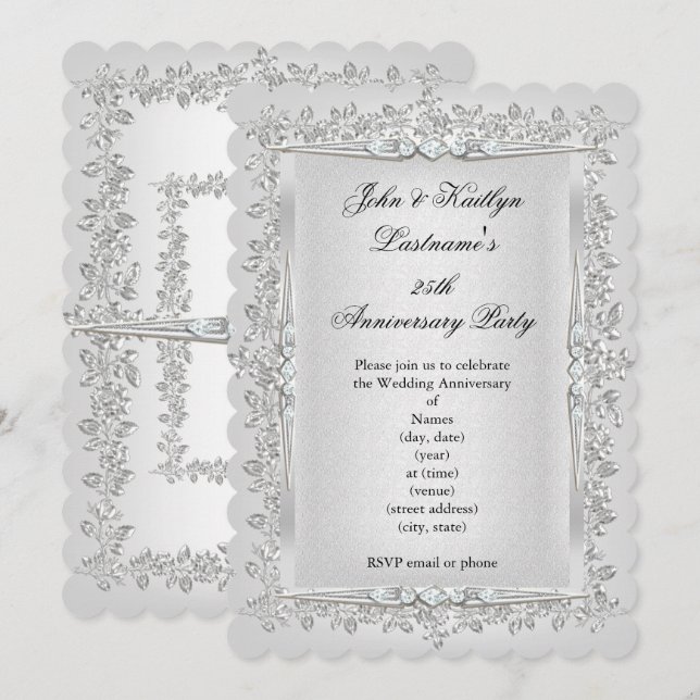 Invitation Fête des 25 ans de mariage Rose Damask Silver Whit (Devant / Derrière)
