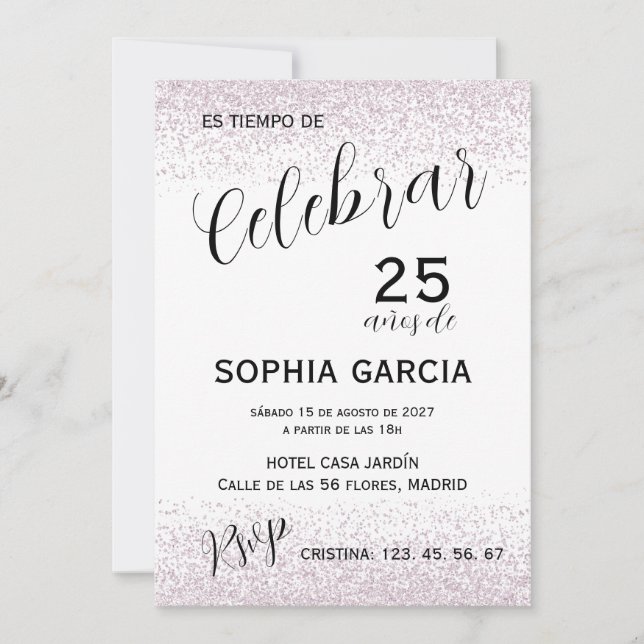 Invitation Fête des 25 Ans Pink Glitz Celebrar (Devant)