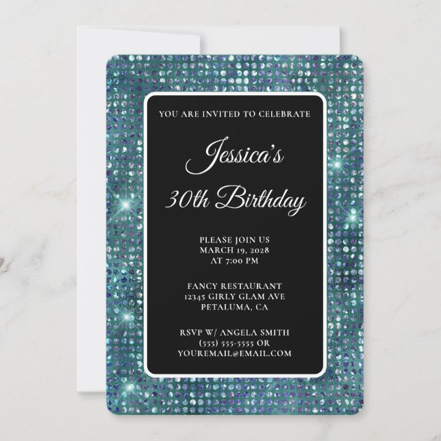 Invitation Fête des 30 ans Bleu Turquoise Diamant Noir et Bla (Devant)