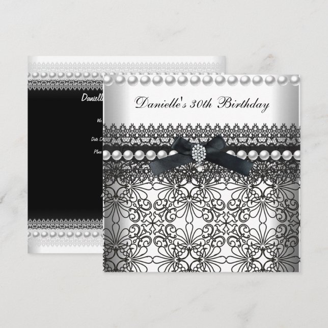 Invitation Fête des 30 ans Damask Noir Blanc Perle (Devant / Derrière)