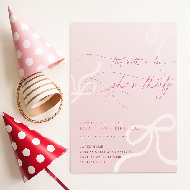 Invitation Fête des 30 ans de filles rose noué avec un ruban (Créateur téléchargé)