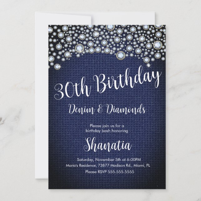 Invitation Fête des 30 ans Denim Diamonds Gem Diamants  (Devant)