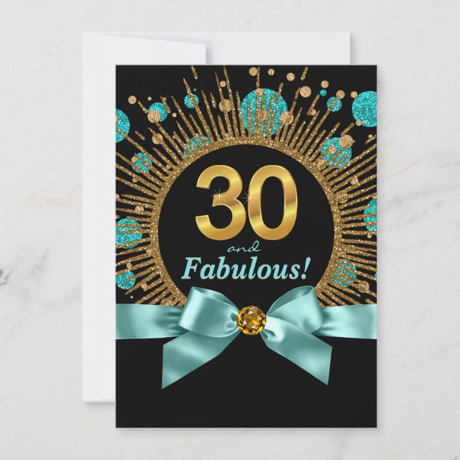 Invitation Fête des 30 ans d'une femme Bleu sarcelle et Or (Devant)